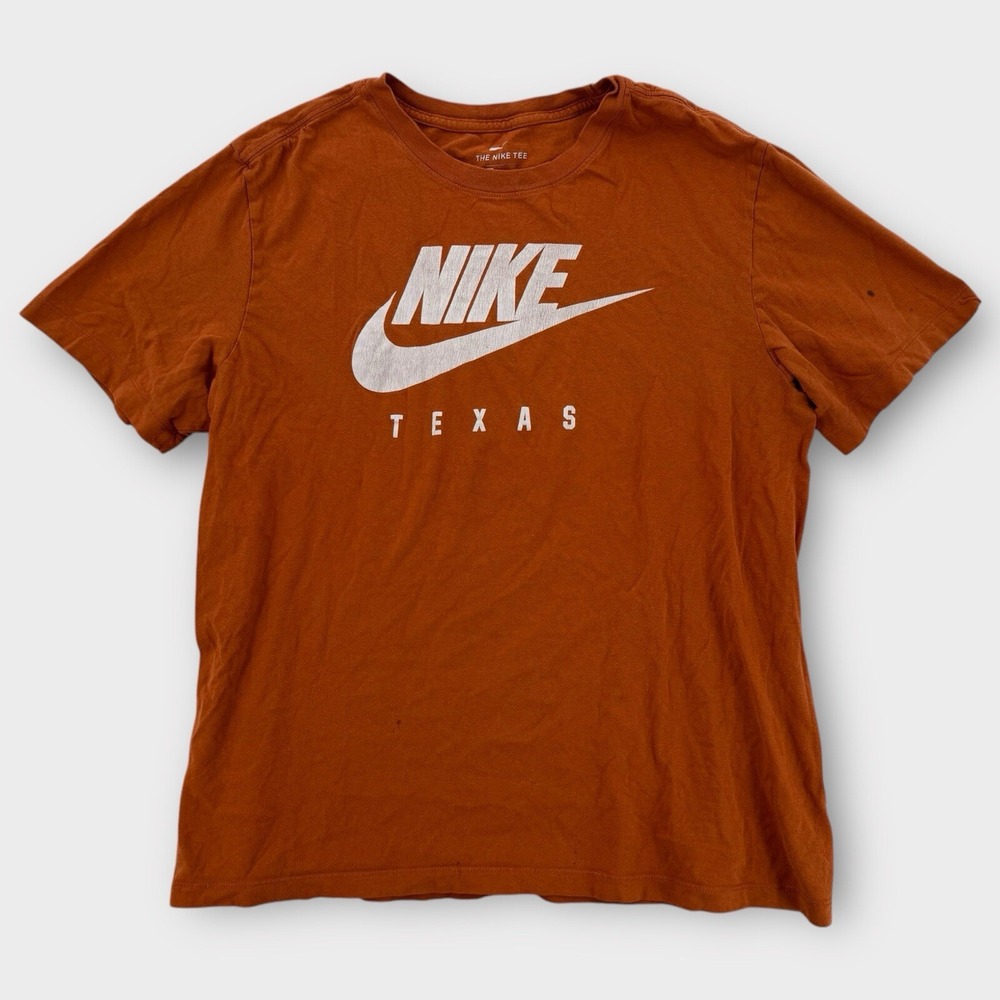 Nike Texas T Shirt Mens Large Brown Orange Short Sleeve Cotton Swoosh Spell Out